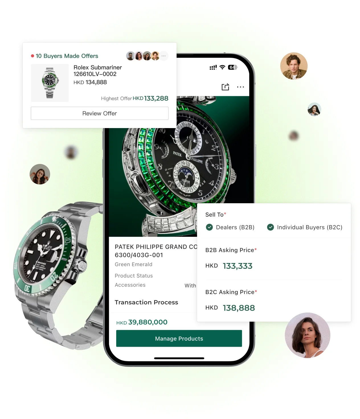 Watch Match dealer app showing inventory, offers and B2B/B2C pricing